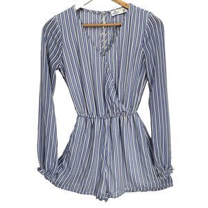 Hollister Stripe Faux Wrap Romper V-Neck Sheer Long Sleeve Womens XS Blue White